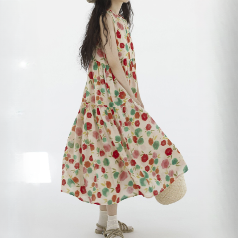 天絲苧麻復古溫柔風無袖背心碎花連衣裙