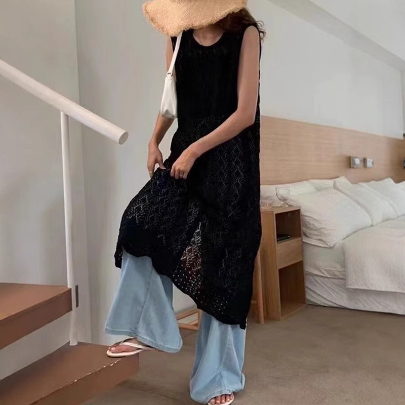 韓系百搭鏤空長款無袖防曬針織開襟衫