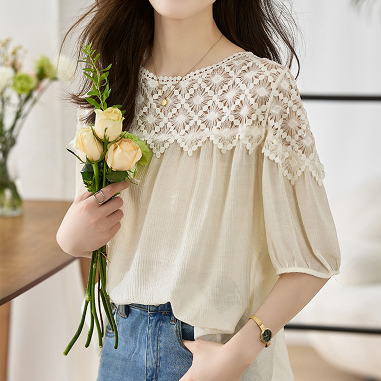 通勤時尚百搭拼接寬鬆短袖雪紡蕾絲襯衫