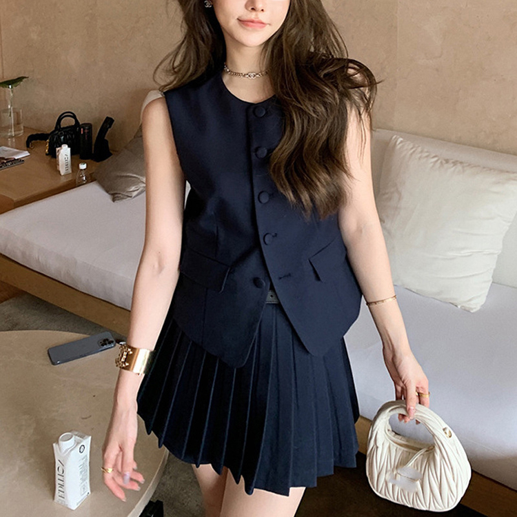 學院風兩件套裝裙小香風馬甲+時尚百褶短裙