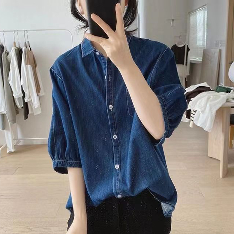 日系復古小眾設計感燈籠袖牛仔襯衫