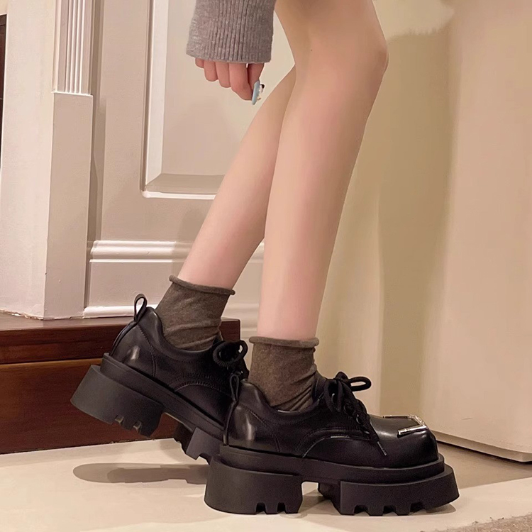 復古英倫風7cm厚底方頭小皮鞋樂福鞋