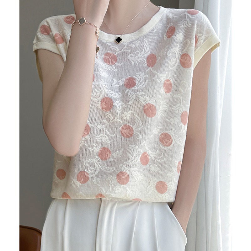 甜美波點重工鉤花圓領小飛袖精紡針織短袖