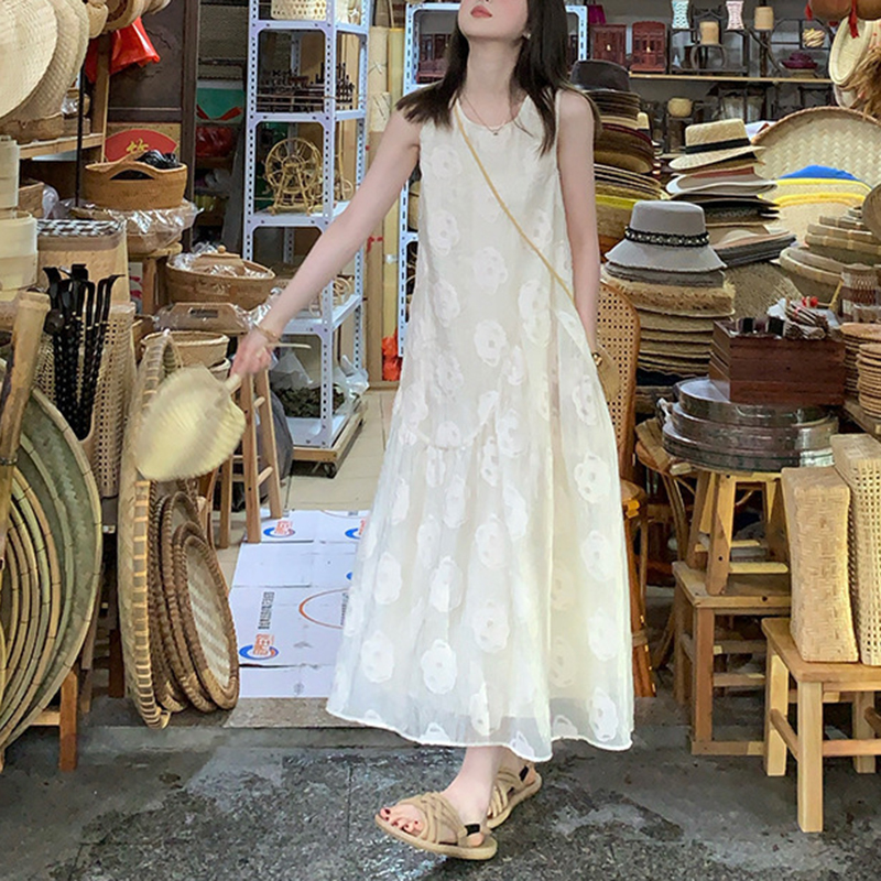 小個子甜美印花無袖中長洋裝