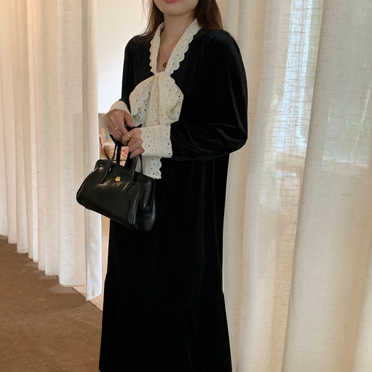 秋季復古鉤花絲絨顯瘦連身裙