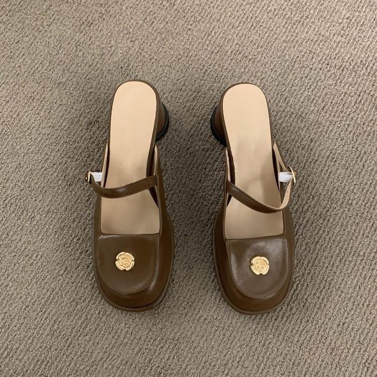 春夏季粗跟法式復古瑪莉珍包頭拖鞋