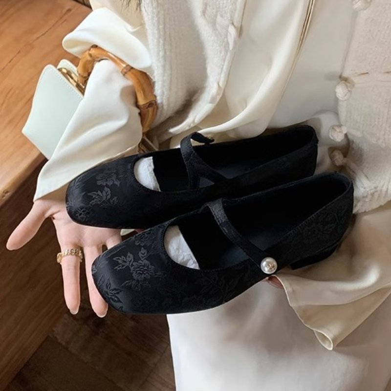 國風新中式珍珠一字帶方頭瑪麗珍I鞋