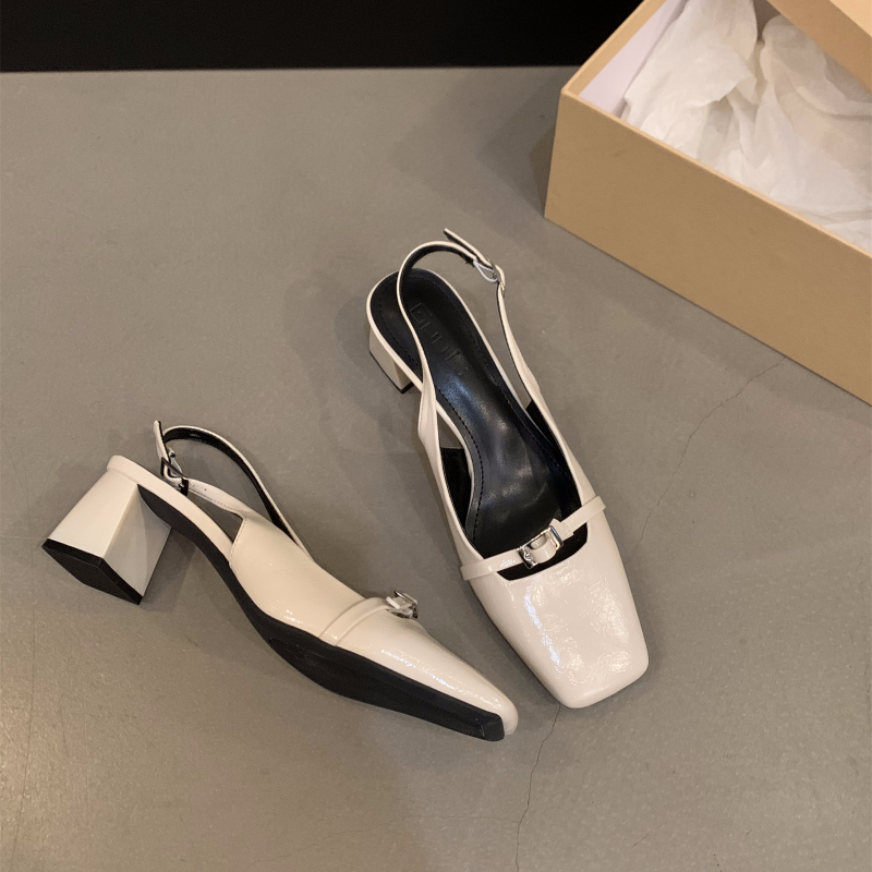 法式粗跟方頭後空包頭涼鞋