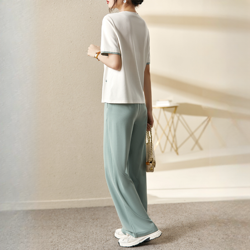 休閒運動套裝時尚洋氣減齡短袖闊腿褲兩件套