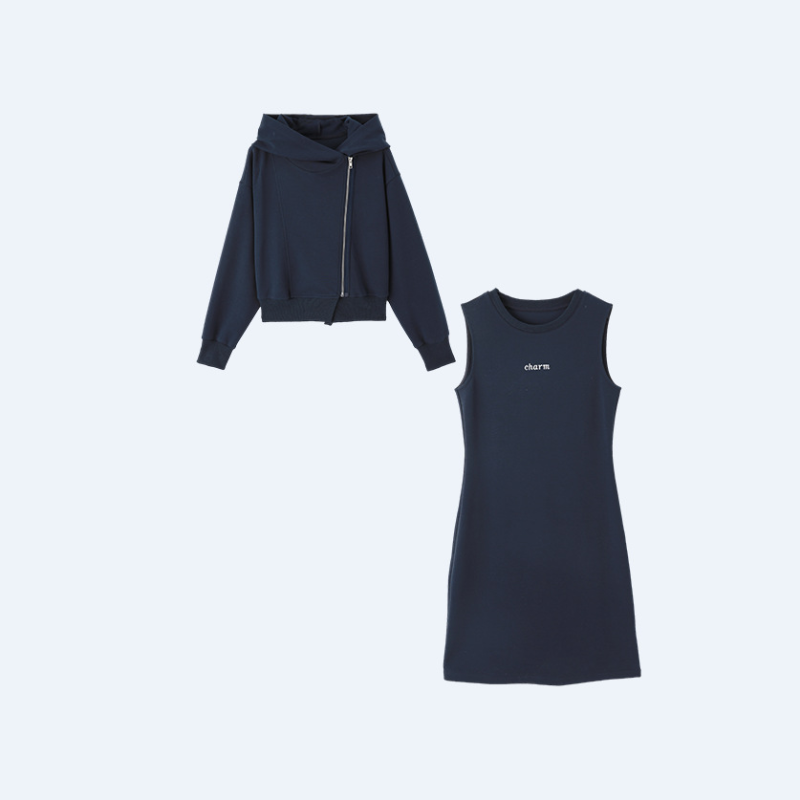 斜拉鏈連帽外套連衣裙兩件套簡約設計減齡套裝