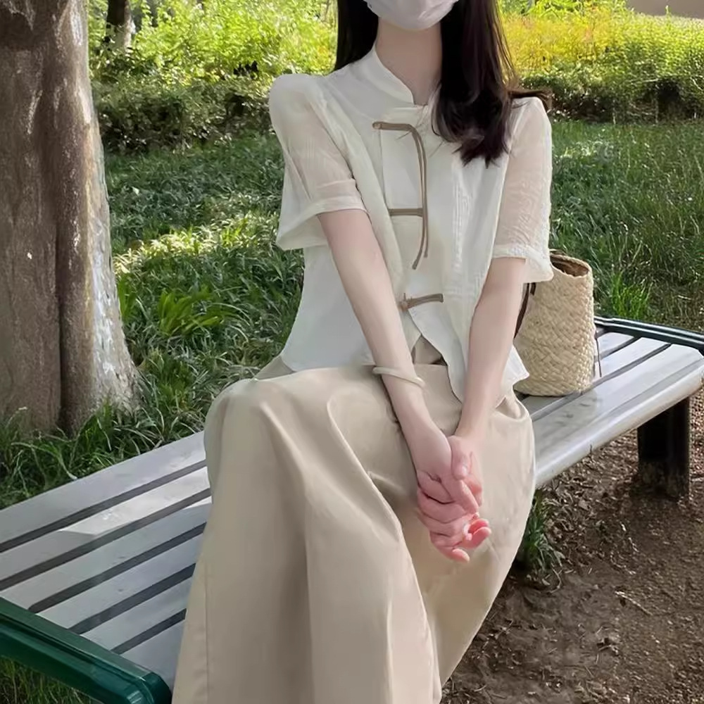 新中式國風泡泡袖襯衫+棕色傘裙兩件套