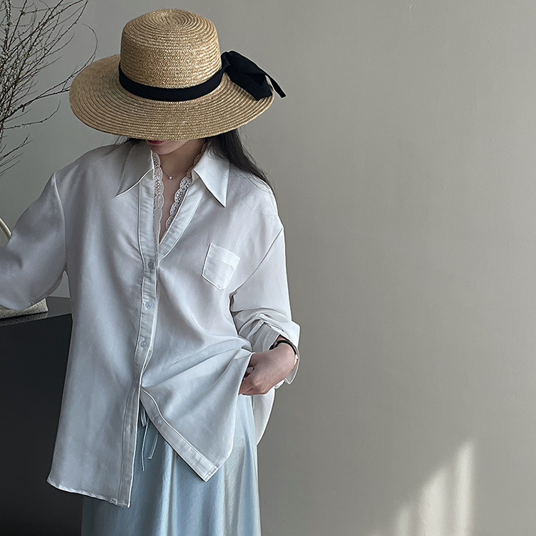 法式V領高級鬆弛感蕾絲拼接翻領襯衫