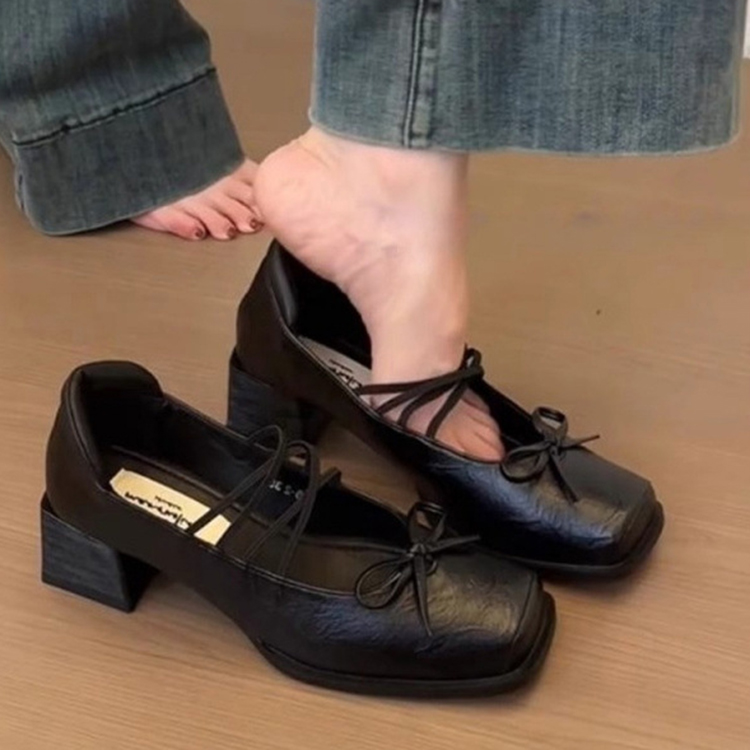 法式粗跟方頭淺口單鞋蝴蝶結瑪莉珍鞋