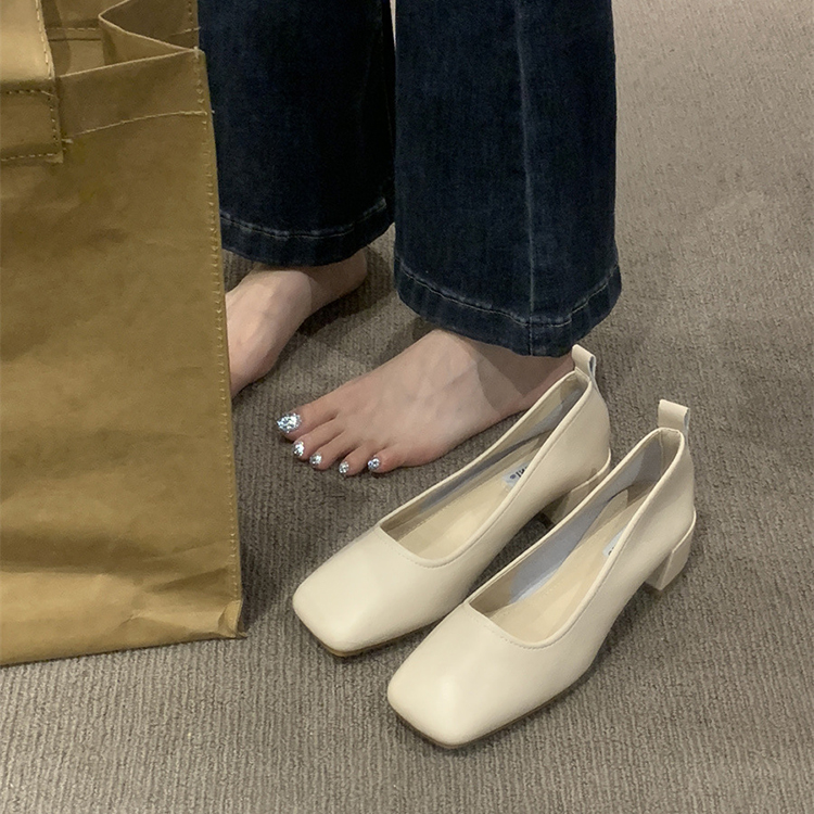 春夏新款簡約通勤百搭方頭淺口粗跟氣質單鞋
