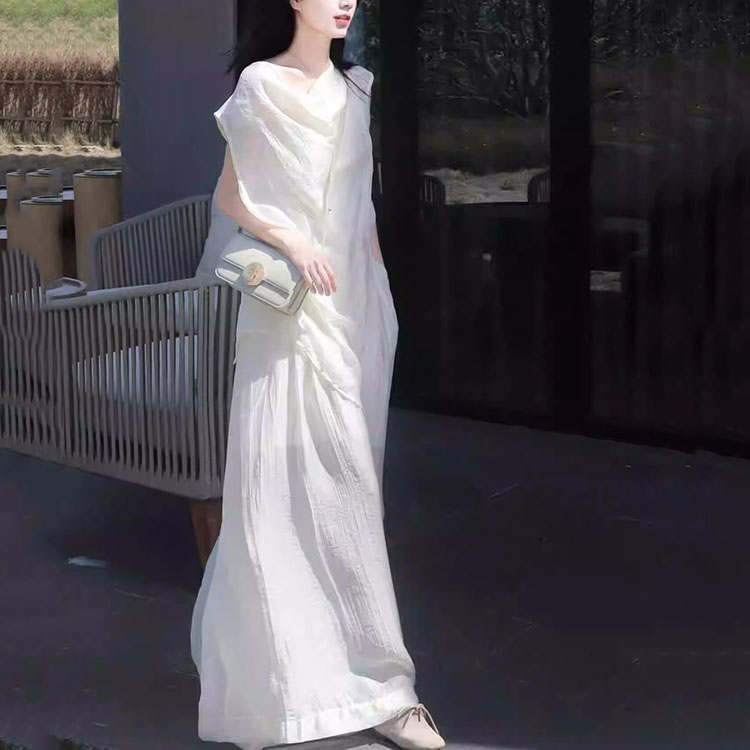 慵懶超仙套裝設計感不規則襯衫+高腰寬裙褲套裝