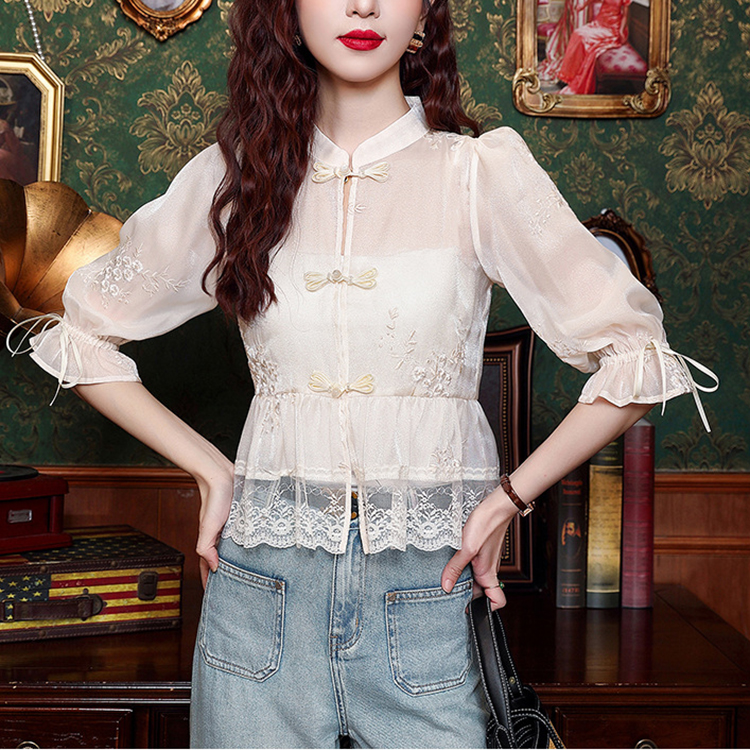 時尚中式國風繡花盤扣泡泡袖短袖襯衫