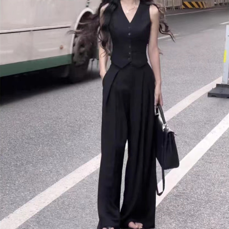 通勤時尚套裝修身顯瘦坎肩V領背心馬甲+高腰氣質闊腿褲