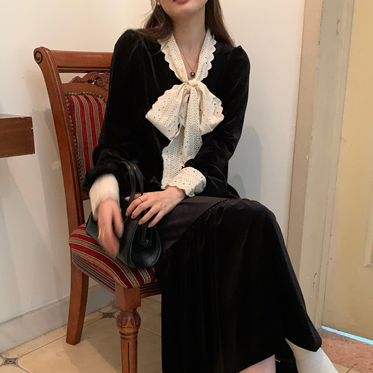 秋季復古鉤花絲絨顯瘦連身裙