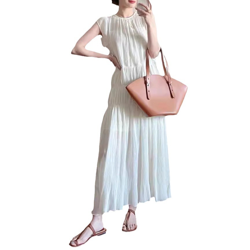 溫柔仙氣重工褶皺寬鬆海邊度假小飛袖洋裝