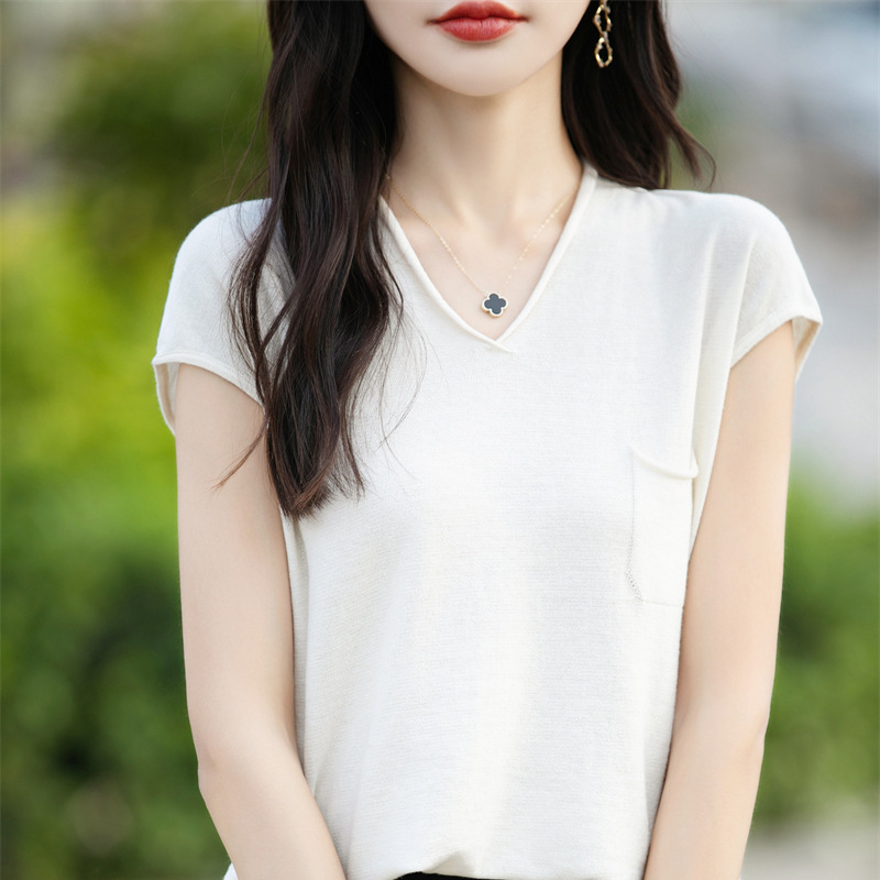 夏季新款百搭顯瘦捲邊寬鬆休閒v領純棉針織短袖