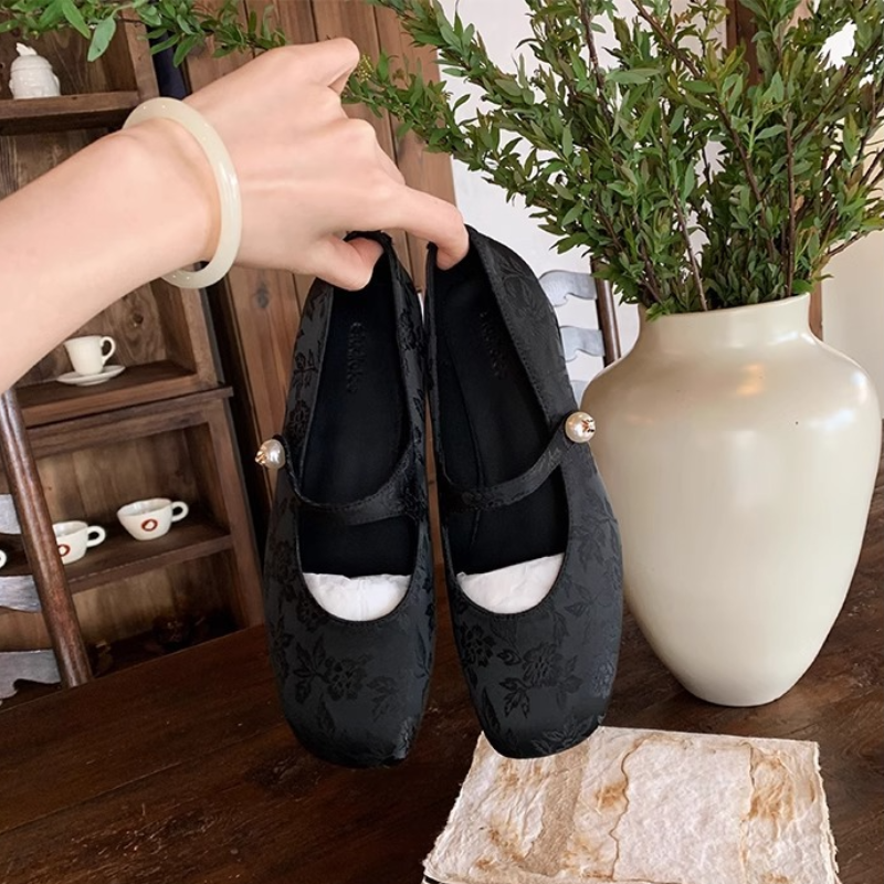 國風新中式珍珠一字帶方頭瑪麗珍I鞋