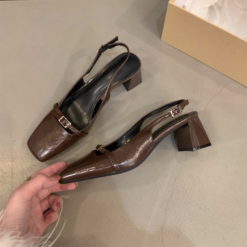 法式粗跟方頭後空包頭涼鞋