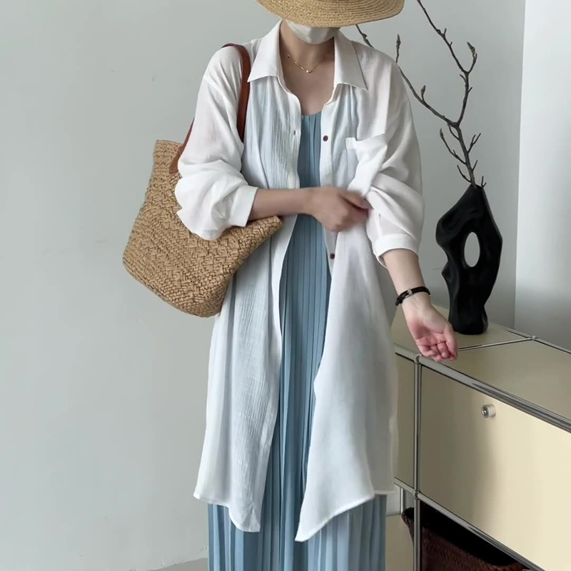 法式慵懶風寬鬆翻領微透長防曬開襟衫