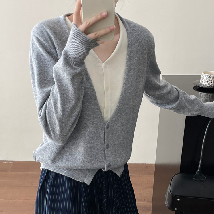 春秋簡約氣質V領假兩件針織開襟衫