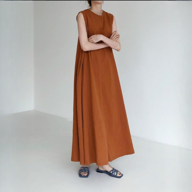 寬鬆棉麻無袖長款過膝連衣裙