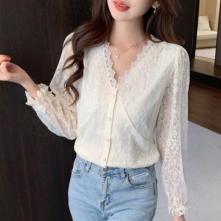 韓系通勤氣質風時尚長袖V領蕾絲襯衫