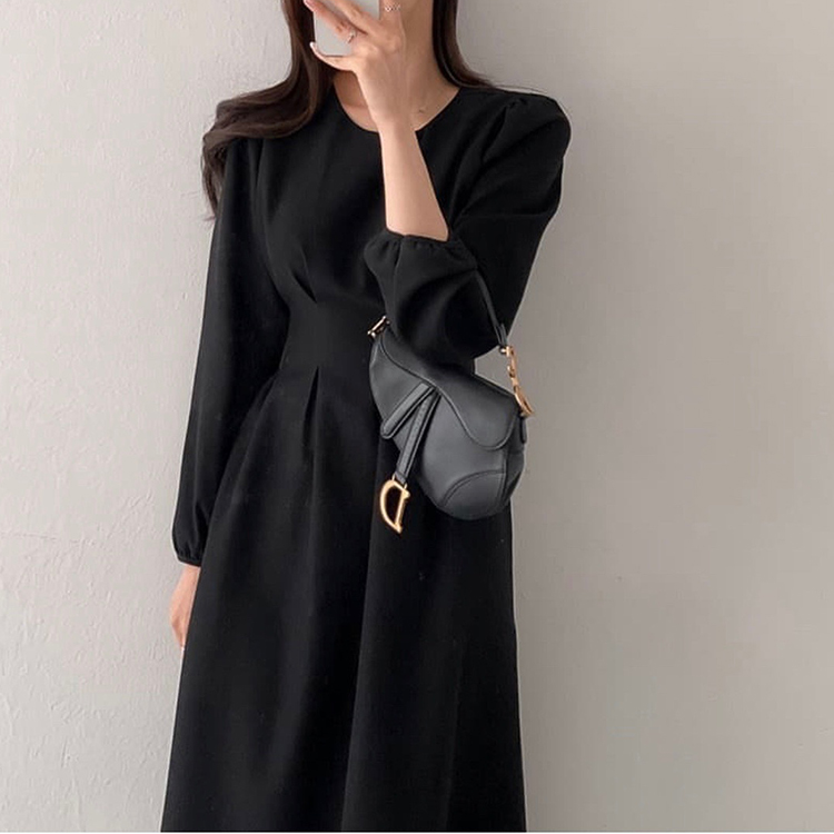 韓國早春優雅氣質圓領收腰顯瘦中長連身裙