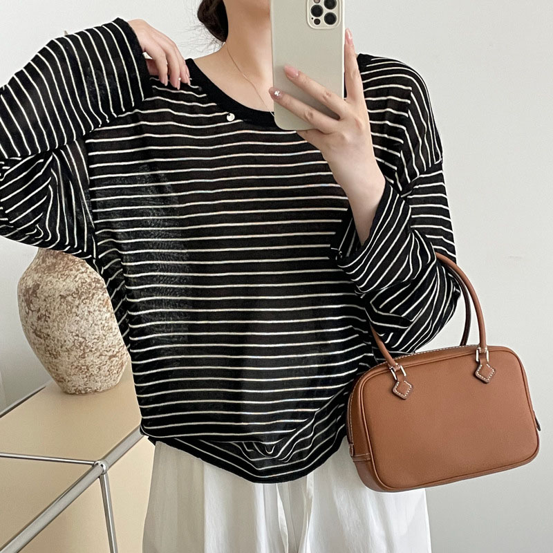 韓國版寬鬆圓領百搭條紋防曬罩衫針織衫
