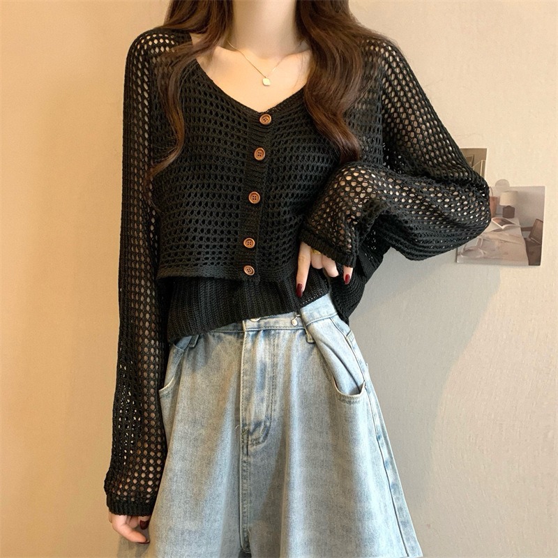 溫柔風鏤空針織開襟衫夏季薄款慵懶外搭罩衫