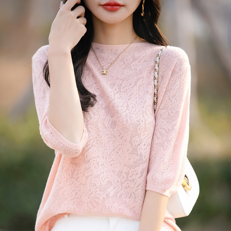 百搭套頭氣質鏤空鈎花打底針織短袖