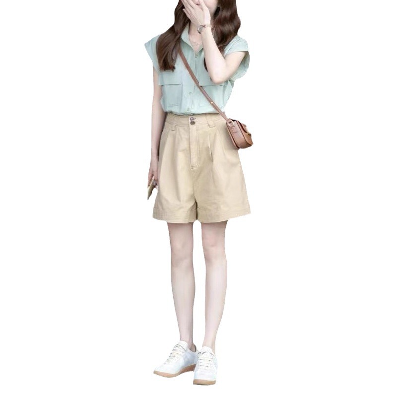 夏季新款小個子韓系多巴胺時尚顯瘦襯衫上衣+氣質休閒短褲套裝