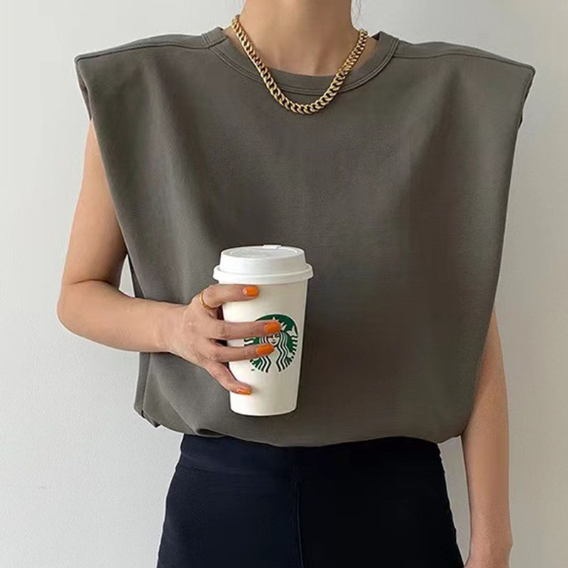 法式薄款墊肩無袖棉質T恤衫寬鬆休閒ins上衣