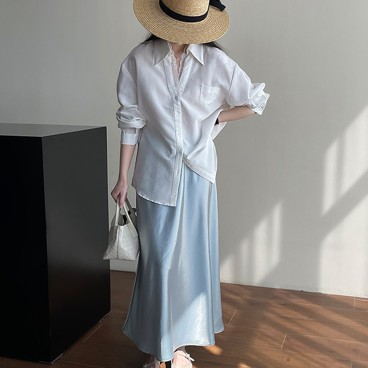 法式V領高級鬆弛感蕾絲拼接翻領襯衫