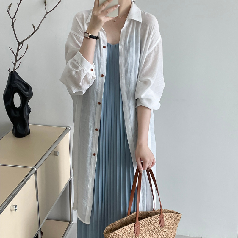 法式慵懶風寬鬆翻領微透長防曬開襟衫