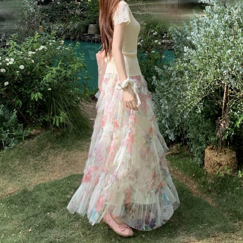 甜美溫柔風荷葉邊蛋糕裙+蕾絲針織衫套裝