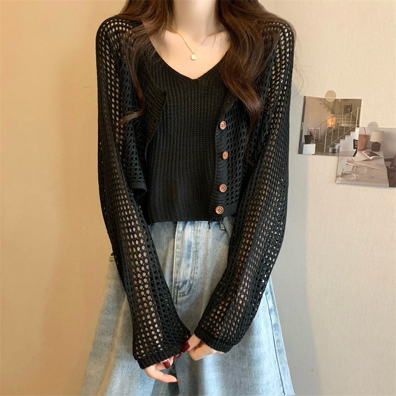 溫柔風鏤空針織開襟衫夏季薄款慵懶外搭罩衫