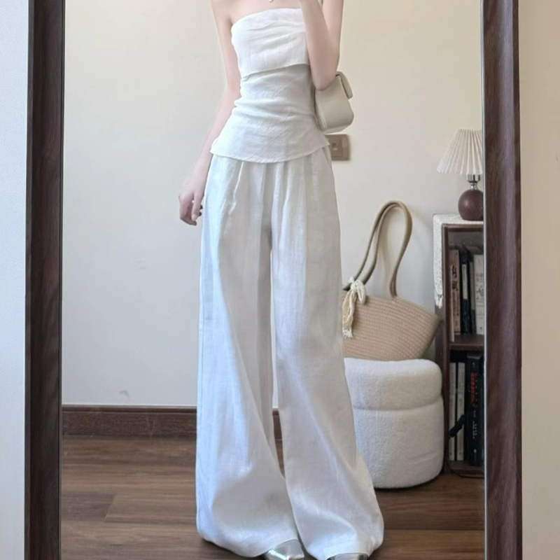 法式氣質時尚套裝抹胸修身上衣+高腰寬鬆寬褲