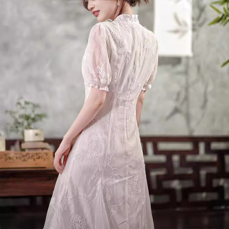 新中式國風重工刺繡顯瘦盤扣連身裙