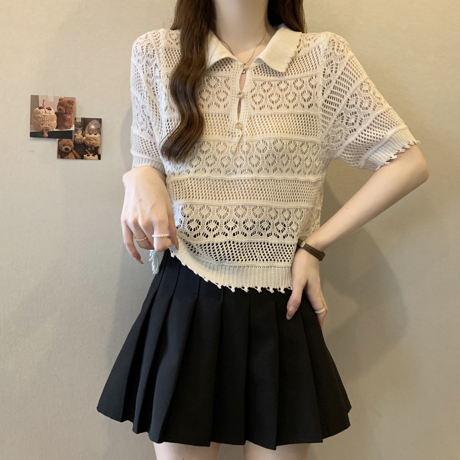 甜美寬鬆POLO領鏤空鉤花針織T卹罩衫