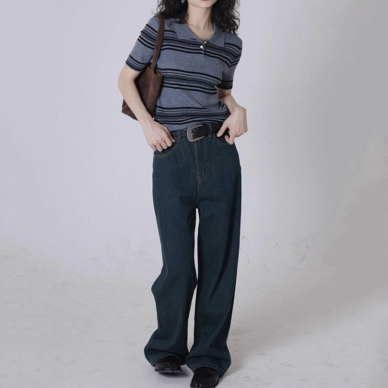 復古撞色條紋POLO領修身顯瘦短袖針織衫