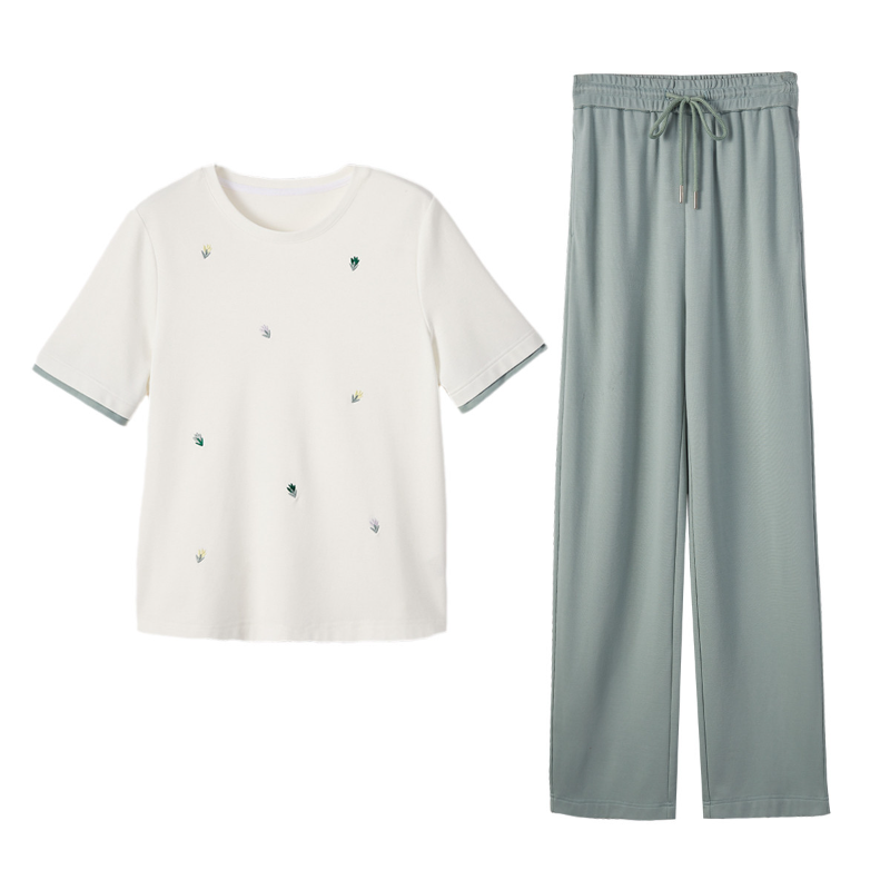 休閒運動套裝時尚洋氣減齡短袖闊腿褲兩件套