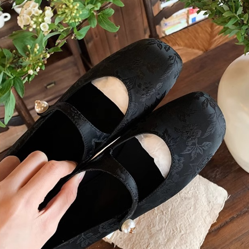 國風新中式珍珠一字帶方頭瑪麗珍I鞋