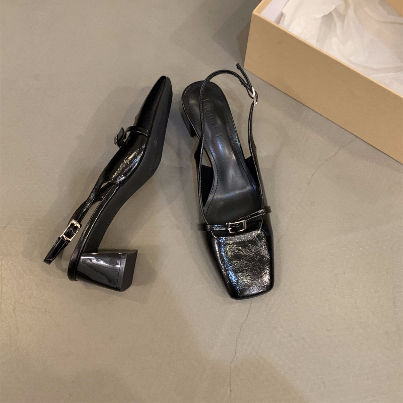 法式粗跟方頭後空包頭涼鞋