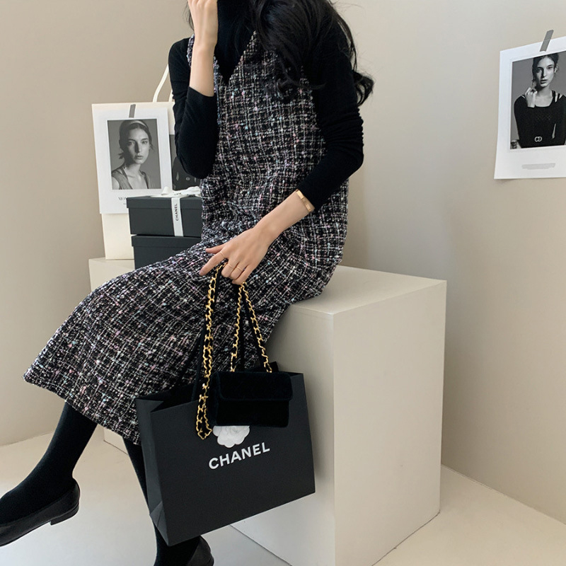 日韓係小香風粗花呢無袖背心連衣裙