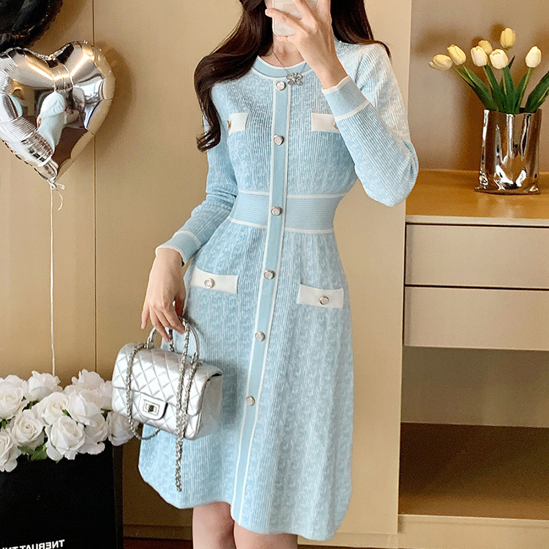 春季新款小香風高腰顯瘦金絲高檔針織連衣裙