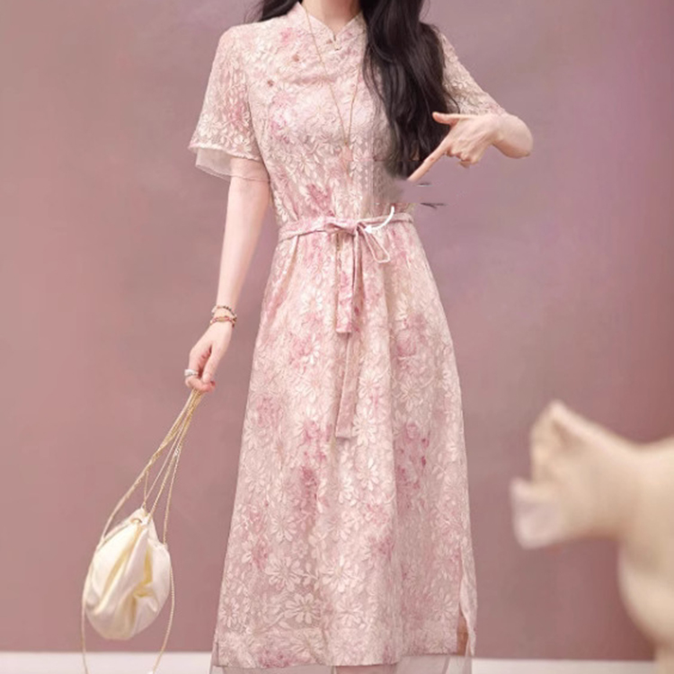國風改良旗袍彩繡蕾絲氣質顯瘦連身裙